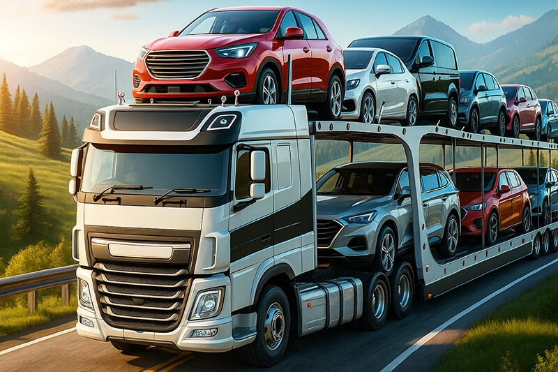 Een vrachtwagen met auto's als voorbeeld van internationaal wegtransport