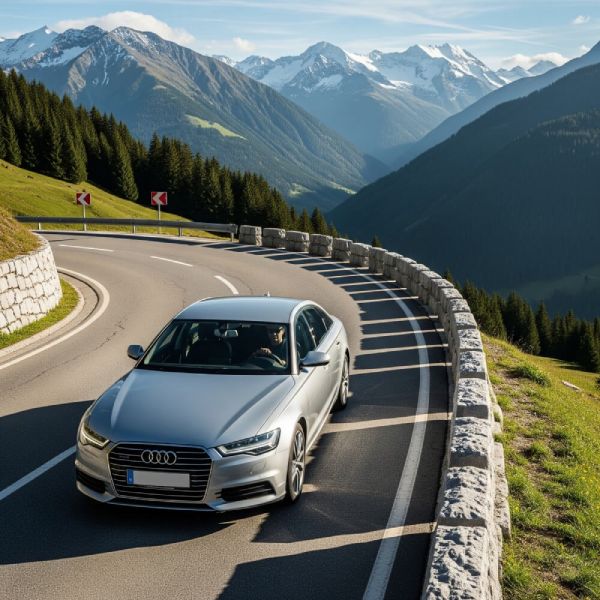 An imported car driving on a mountain road