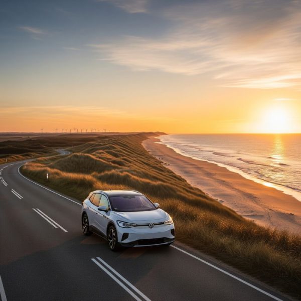 import auto die zorgeloos rijdt met ondergaande zon